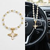 Car Rosary for Rearview Mirror - Rearview Mirror Hanging Accessories - Steering Wheel Rosary Charm - Pearl Heart Chain Catholic Car Interior Hanging Decor - Alloy, Artificial Pearls (R-03)