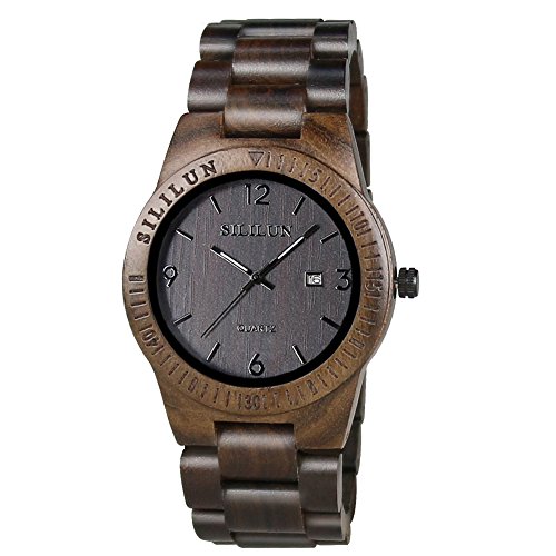 SILILUN Mens Wooden Watch Analog Quartz Lightweight Handmade Wood Wrist Watch Calendar Wood Watch