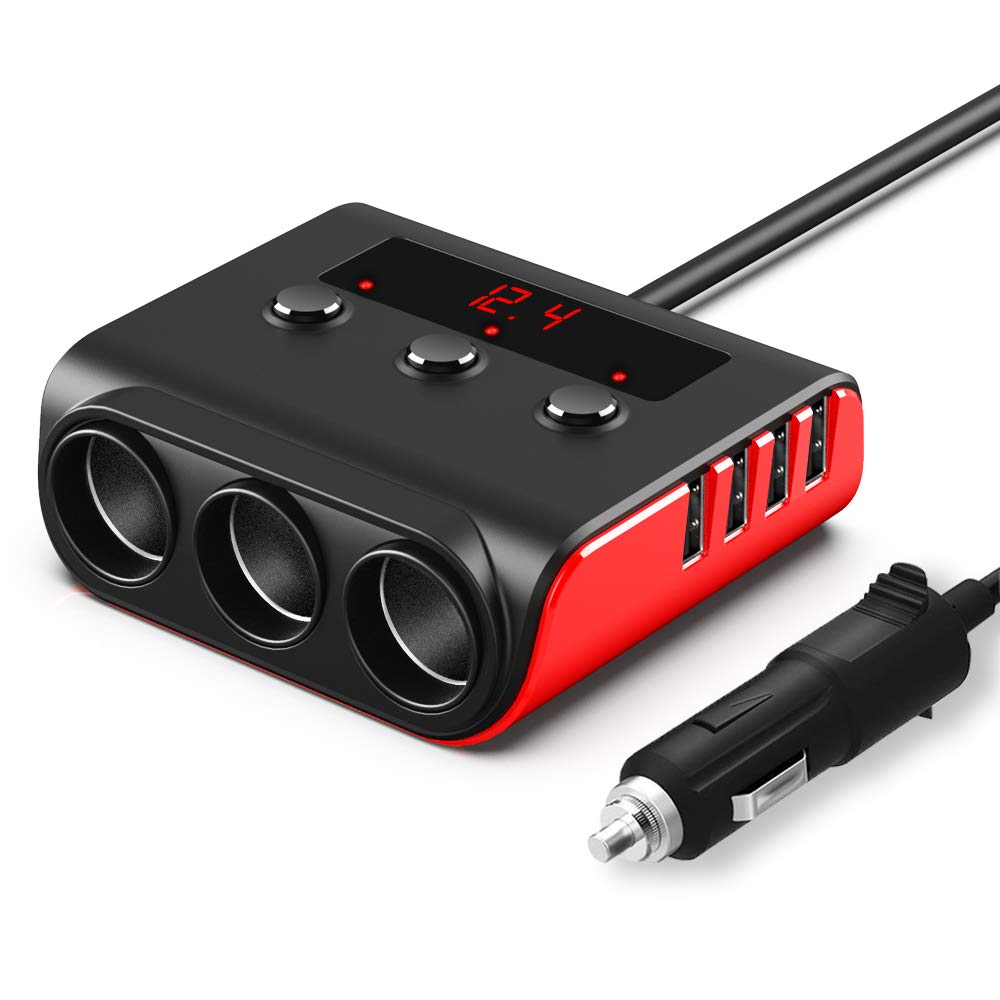 Auto Ladegerät Adapter, SONRU 3 Fach KFZ Zigarettenanzünder Verteiler mit 4 USB Ports, 120W 12V/24V DC Mehrfach Steckdose Splitter mit LED Voltmeter Getrennte Schalter für GPS/Dash Cam/Telefon
