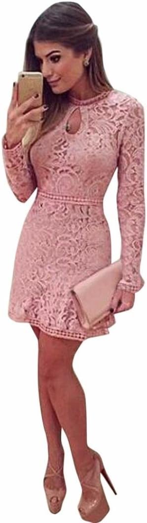 Orangeskycn Women Pink Hollow Lace Long Sleeve Slim Party Evening Dress