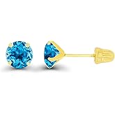 Solid 14k Gold Hypoallergenic 5mm Round Birthstone Solitaire Prong Set Screw Back Stud Earrings