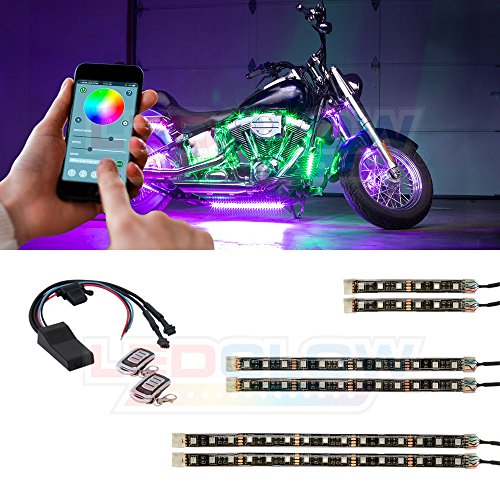 LEDGlow 6pc Advanced Million Color LED Flexible Motorcycle Lighting Strip Kit - Bluetooth-Connected Smartphone App - 66 LEDs - Waterproof Control Box - Dual Zone Control - 2 Wireless Remotes