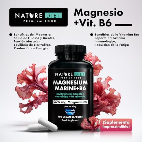 Magnesium Marine + B6-375 mg de Magnesio por porción - 150 Cápsulas Veganas - Complejo Multimineral con Aquamin - Apoya la Salud Ósea, Muscular y Cardiovascular
