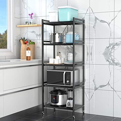 最新版 キッチンラック レンジ上 ラック 伸縮 レンジラック 電子レンジ棚 トースター キッチン収納 多機能ラック 台所 収納 おしゃれ 電子レンジ台 キャスター付き ブラック 5段