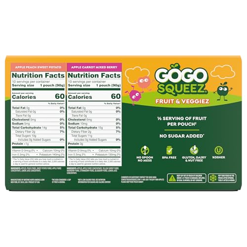 GOGO SQUEEZ FRUIT & VEGGIEZ APPLESAUCE AND PUREE VARIETY PACK, PEDAL PEACH AND BOULDER BERRY, 3.2 OZ (PACK OF 20), UNSWEETENED SNACKS FOR KIDS, BPA FREE POUCHES (PACKAGING MAY VARY)
