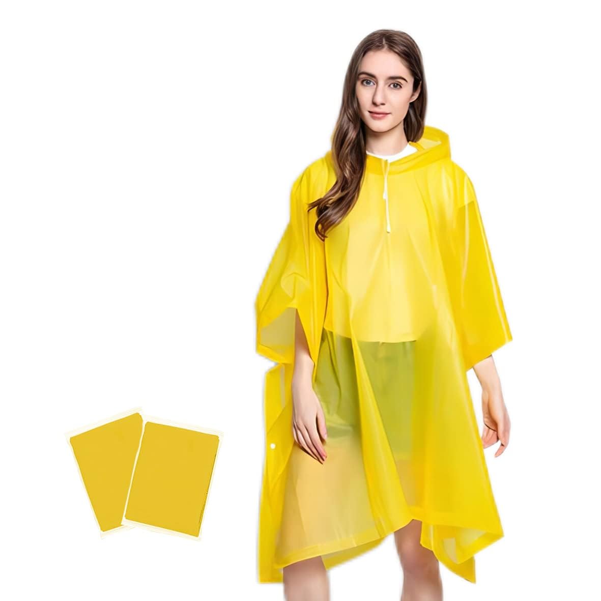 Umtiti EVA Rain Ponchos for Adult (2 Pack) with Drawstring Hood，Waterproof Lightweight Unisex Raincoat for Hiking Fishing Festivals Camping Emergency，Yellow-2pcs