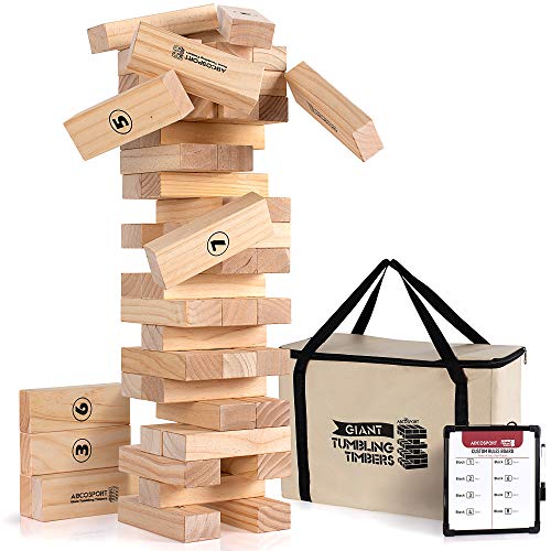 Giant Tumbling Timbers Tower Game - 56 Pieces Jumbo Wooden Blocks - Floor, Outdoor, Backyard and Lawn Games for Kids and Adults - Quality Pine Wood - Rounded Edge Blocks - Includes Carry Bag and Score