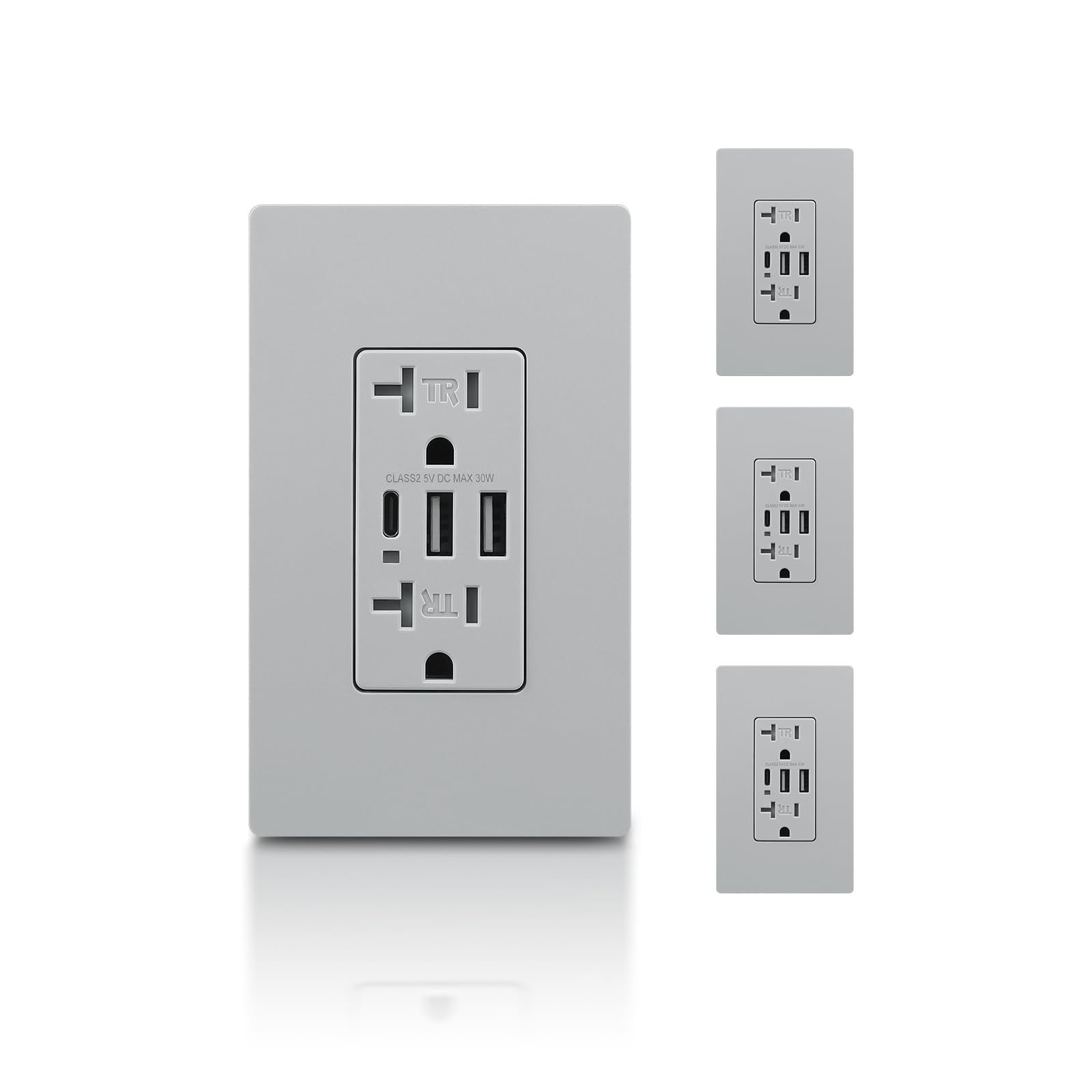 TOPELER 4 Pack USB Outlet, 30W 6.0A USB Wall Sockets with Type A & C Port, Duplex 20 Amp Tamper-Resistant Electric Outlet with 3 USB Ports, Screwless Wall Plate Included, UL Listed, Grey Image