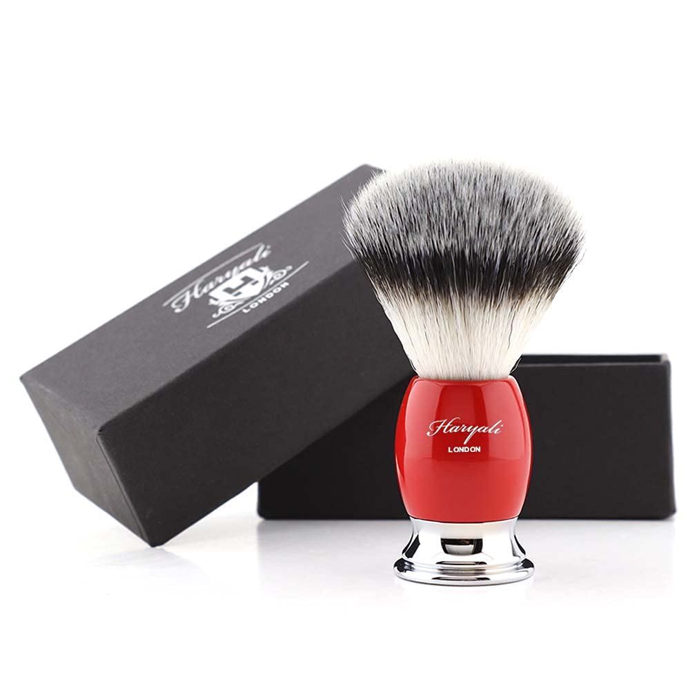 Round Shiny Red & Metal Base Men's Shaving Brush with 100% Eco Friendly Synthetic Hair. Perfect Long Lasting Hair for Every Day Use.