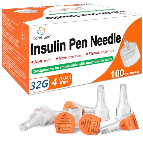 CareLiving Insulin Pen Needle 32G 4 mm (5/32”), 100 Count, Universal Fit Compatible with Most Pen Injector Device, Ultra-Thin for Comfortable Insulin Injection