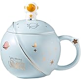 Hwagui Kawaii Astronaut Mug with Lid and Spoon, Handmade Cute Ceramic Cup for Coffee, Tea, Milk, Water, Space Mug Novelty Gift Light Blue 450ml/15oz
