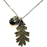 EnchantedBeads Golden Brass Black Agate Oak Fruit Acorn Pendant large brass Oak Leaf Antique Silver fine Chain Thanksgiving Fall