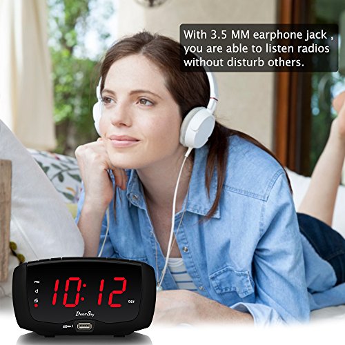 DreamSky-Digital-Alarm-Clock-Radio-With-FM-Radio-Dual-USB-Ports-Headphone-Jack-Snooze-Adjustable-Alarm-Volume-14-Large-LED-Number-Display-Sleep-Timer-DC-Powered-And-Battery-Back
