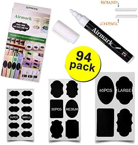 94 Pcs Reusable Chalkboard Labels - Premium Stickers for Jars + 1 White Erasable Liquid Chalk Marker. BEST for Your pantry Kitchen Storage &amp; Office Canisters