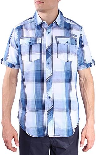 Burnside Short Sleeve Plaid Button Down Shirt (Large,Blue)
