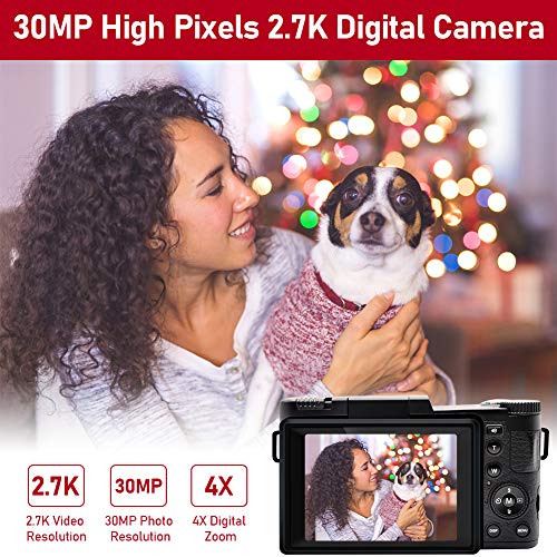 Digital Camera Vlogging Camera Full HD 2.7K 30MP Vlog Camera for YouTube Compact Digital Cameras with 32G Memory Card and 2 Batteries（Fixed Focus）