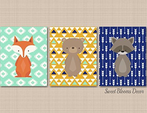Woodland Nursery Wall Art Aztec Tribal Woodland Nursery Decor Navy Mint Mustard Modern Arrows Aztec Woodland Fox Bear Owl Deer Baby Woodland Baby Gift UNFRAMED 3 PRINTS (NOT CANVAS) C460