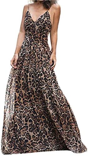 dumanfs Women's Sexy Leopard Print Long Dress, Casual Camis V Neck Sleeveless High Waist V-Neck Maxi Dresses