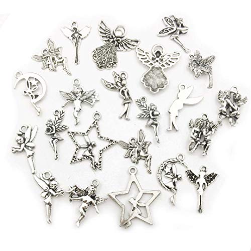 Youdiyla 65 PCS Fairy Charms Collection, Mix Silver Cupid Pixie Angel Winged Woodland Fairy on The Moon Metal Charm Pendant Supplies Findings for Jewelry Making (HM151)