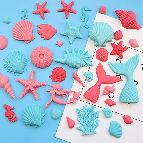 Koogel 21pcs Marine Theme Fondant Silicone Mold,Mermaid Chocolate Mold Mermaid Tail Mold Seahorse Dolphin Seashell Starfish Mold for Cake Decoration Candy Polymer Clay Sugar Craft
