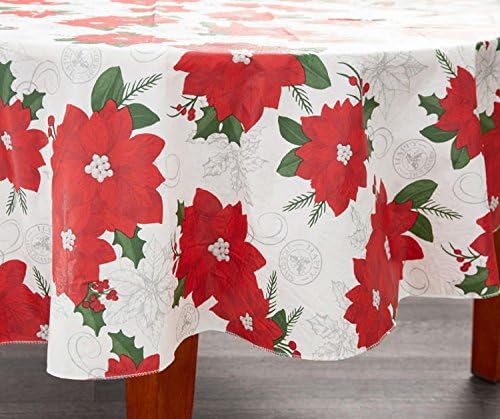 Traditions Collection Poinsettia Christmas Holiday Vinyl Tablecloth with Polyester Backing (60 Round)