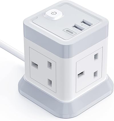 BEVA 4 Way Cube Extension Lead with USB 3 Ports 1.5m Cord White