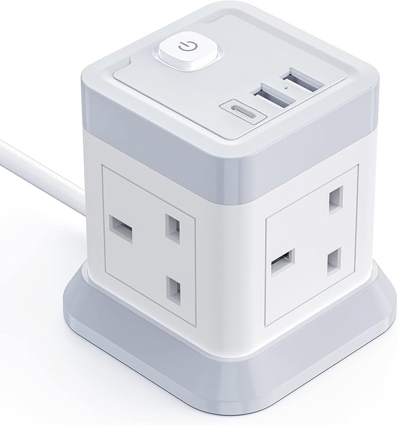 BEVA 4 Way Cube Extension Lead with USB 3 Ports 1.5m Cord White