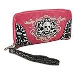 Rhinestone Skull Mock Croc Embroidered Zip Around Wallet