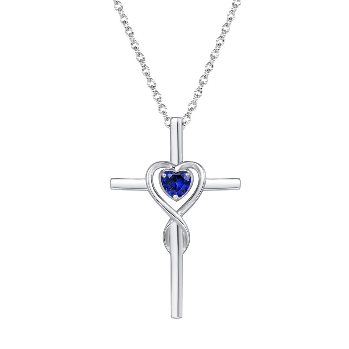 FANCIME 925 Sterling Silver Cross Infinity Heart Pendant Necklace with Created Blue Sapphire Gemstone Fine Jewellery for Women Girls - Chain Length: 16 + 2 Inch