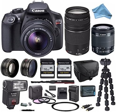 Canon EOS Rebel T6 Camera + Memory Cards + Canon 18-55mm &amp; EF 75-300mm Lenses &amp; Zoom TTL Flash Gun
