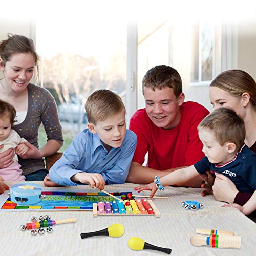 Firlar Baby Musical Instruments Toy Sets, 14 Pieces Music Wooden Education Toys with Tambourine Xylophone Percussion Instruments for Early Learning Toys for Toddler Boys Girl Gifts