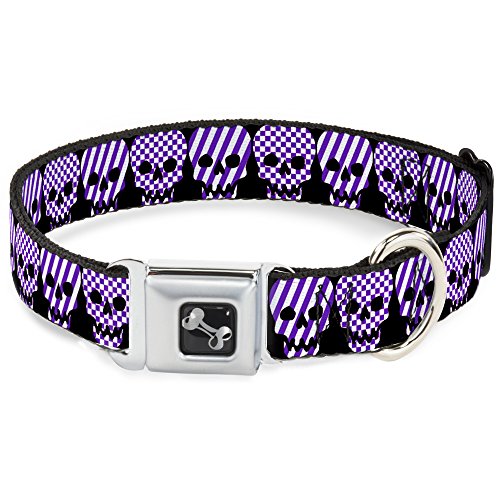 Buckle-Down Seatbelt Buckle Dog Collar - Checker & Stripe Skulls Black/White/Pu…