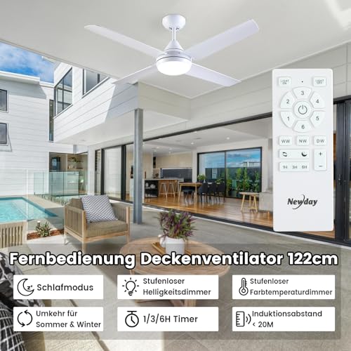 Newday Ceiling Fan with Lighting and Remote Control, Quiet, 122 cm Ceiling Fan with Light LED Lamp, White, Ceiling Fans with 4 Blades, Continuous Dimmer, Timer for Bedroom, Living Room