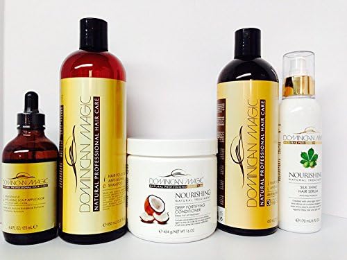 Dominican Magic Anti-Aging Shampoo + Leave in 16oz + Drop 4oz, Nourishing Deep Fortifying Conditioner 16 oz + Silk Shine 6oz