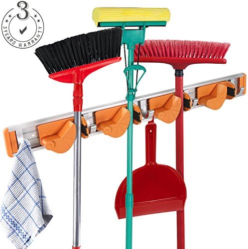Mop and Broom Holder Garage Storage Systems and Garden Tool Storage Rack,Wall Mounted Aluminium Alloy Towel Hook rack Adjustable Broom Organizer (3 Position with 4 Hooks, BLACK)