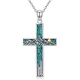 BETHZA Turquoise Mountain Cross Necklace for Women 925 Sterling Silver Turquoise Tumbled Chips Cross Pendant Dainty Snowy Mountain Range Necklace for Women Nature Jewelry Gifts