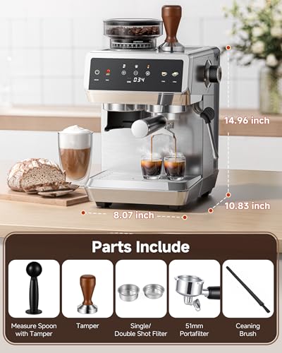AMZCHEF 20-Bar-Bean-to-Cup-Coffee-Machines with Grinder | Automatic Coffee Machine for Home, 44 Grind Settings & 4-Temp Control | 8mm Milk Frother for Latte, Cappuccino & Cold Brew, Stainless Steel