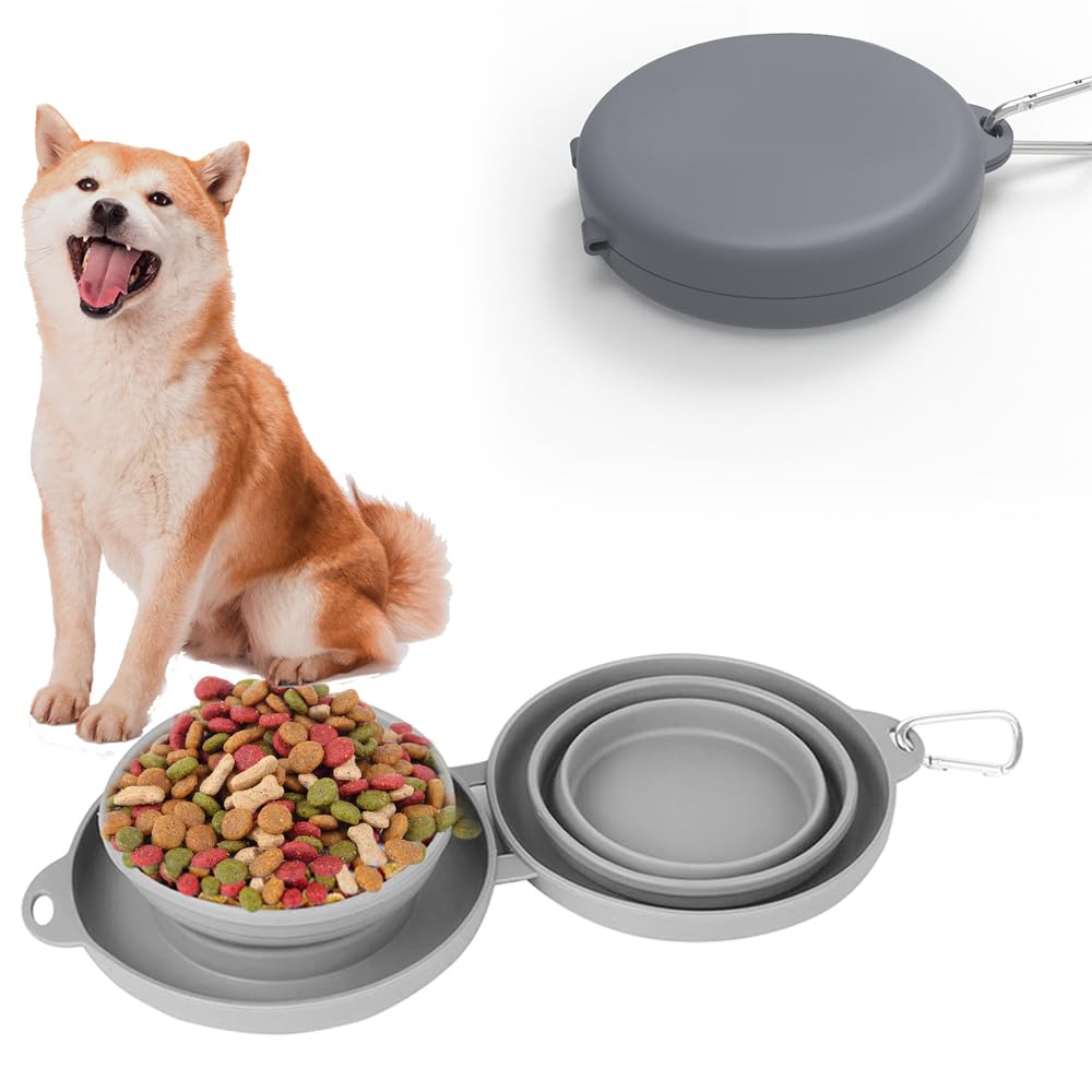 Collapsible Dog Bowls, 2 in 1 Portable Dog Travel Bowls Set, Foldable Pet Camping Accessories Dish Feeder for Dogs and Cats, Suitable for Walking, Traveling, Hiking