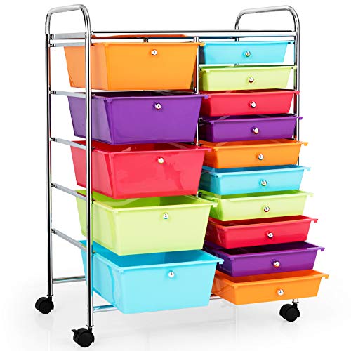 Byroce 15-Drawer Storage Rolling Cart, Mobile Classroom Craft Organizer for Art…
