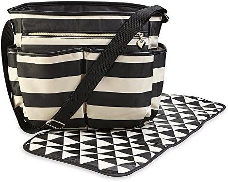 Black White Striped Diaper Bag &amp; Changing Pad Set Eight Pockets Tote