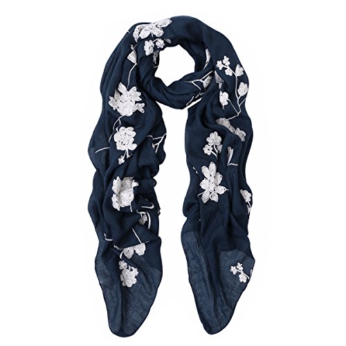 Premium Elegant Lace Floral Embroidered Scarf, Navy