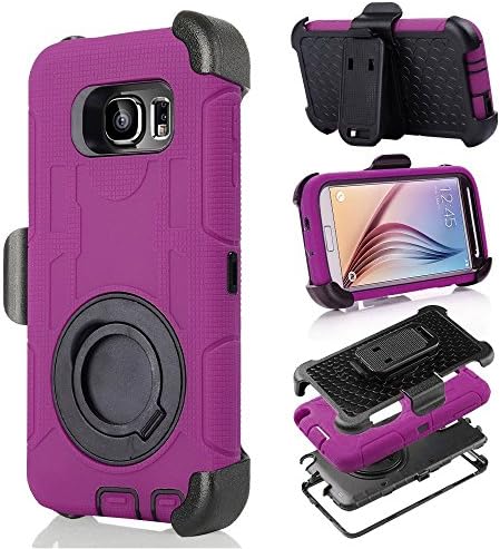 S6 Case, Galaxy S6 Case, Aitech Ultra Shock&amp;drop-proof Amy-grade Protective Hard Defender Case and Three Layer Hard Shell Cover Holster with 360 Degree Rotating Ring Bracket Protective Case for Samsung Galaxy S6-- TPU Rubber &amp; Silicone Case with Stand &amp; Clip for Samsung Galaxy S6 (Purple+Black)