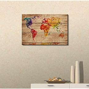 Canvas Prints Wall Art - Abstract Colorful World Map on Vintage Wood Background - 12" x 18"