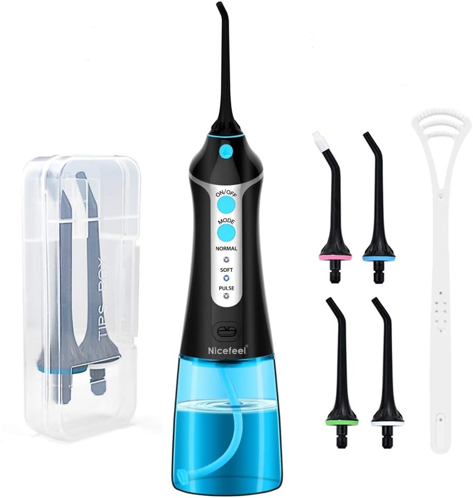 Cordless Water Flosser Teeth Cleaner, Nicefeel 300ML 2 Tip Cases Portable and USB Rechargeable Oral Irrigator for Travel, IPX7 Waterproof, 3-Mode Water Flossing with 4 Jet Tips for Home (Black)