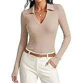 Meetrendi Womens Long Sleeve V Neck Polo Shirts Business Casual Collared Work Top Slim Fitted Basic 2025 Fall Outfit