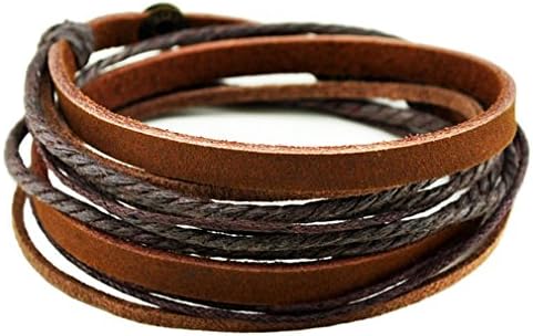 PopJ Multi-strand Genuine Leather Cuff Handmade Rope Wrap Bracelet Adjustable (Brown)