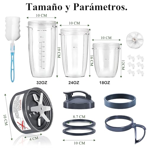 17 Piezas Repuesto para Nutribullet, con Aspas Nutribullet Original, 32oz 24oz 18oz Vaso Nutribullet Original y Junta de Goma, Tapón Sellador, Compatibles con Licuadora Nutribullet Original 600W/900W