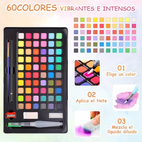LSHSXPX Acuarelas Profesionales, 60 Colores, Pintura de Acuarela, Adecuado para Principiantes y Artistas Avanzados