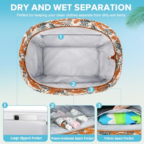 LUROON Large XXL Family Beach Bag with Zip, Waterproof, Women's Beach Bag, Foldable, Shopper, Beach Bag for Travel, Shopping, 50 x 35 x 20 cm, orange
