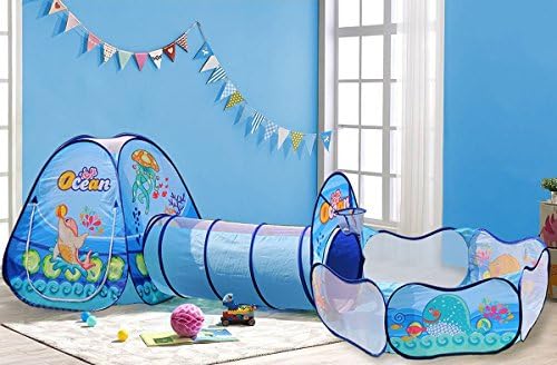 Kids Play Tent Tunnel and Ball Pit Lavieen PlayHoues with Basketball Hoop of Indoor Outdoor Fun toy for Children Ocean theme-Blue
